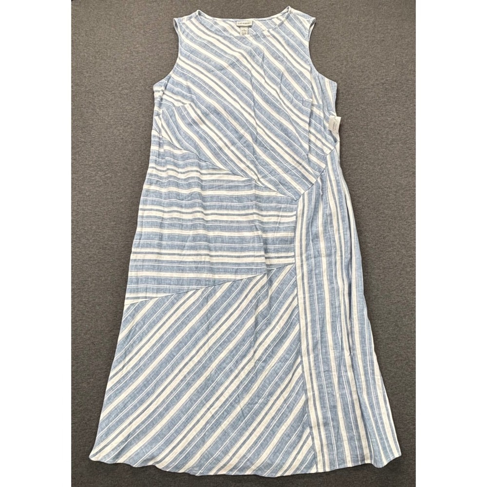 Catherines Dress Womens Plus 1X 18/20W Blue White Striped Linen Blend Sleeveless